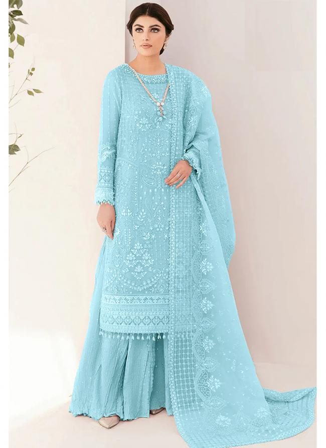 Organza Sky Blue Eid Wear Embroidery Work Pakistani Suit